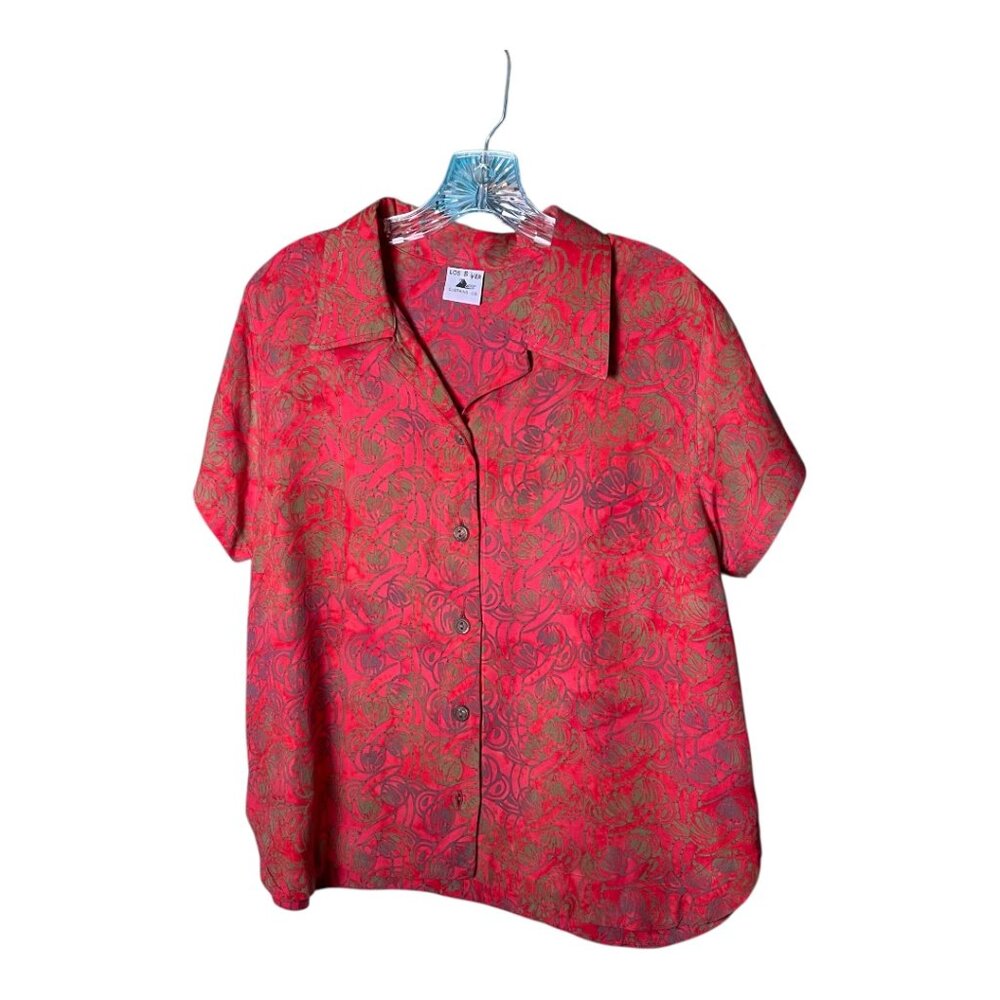 Lost River Clothing CO. Hand batiked short sleeve shirt, red/blue/grey green- M